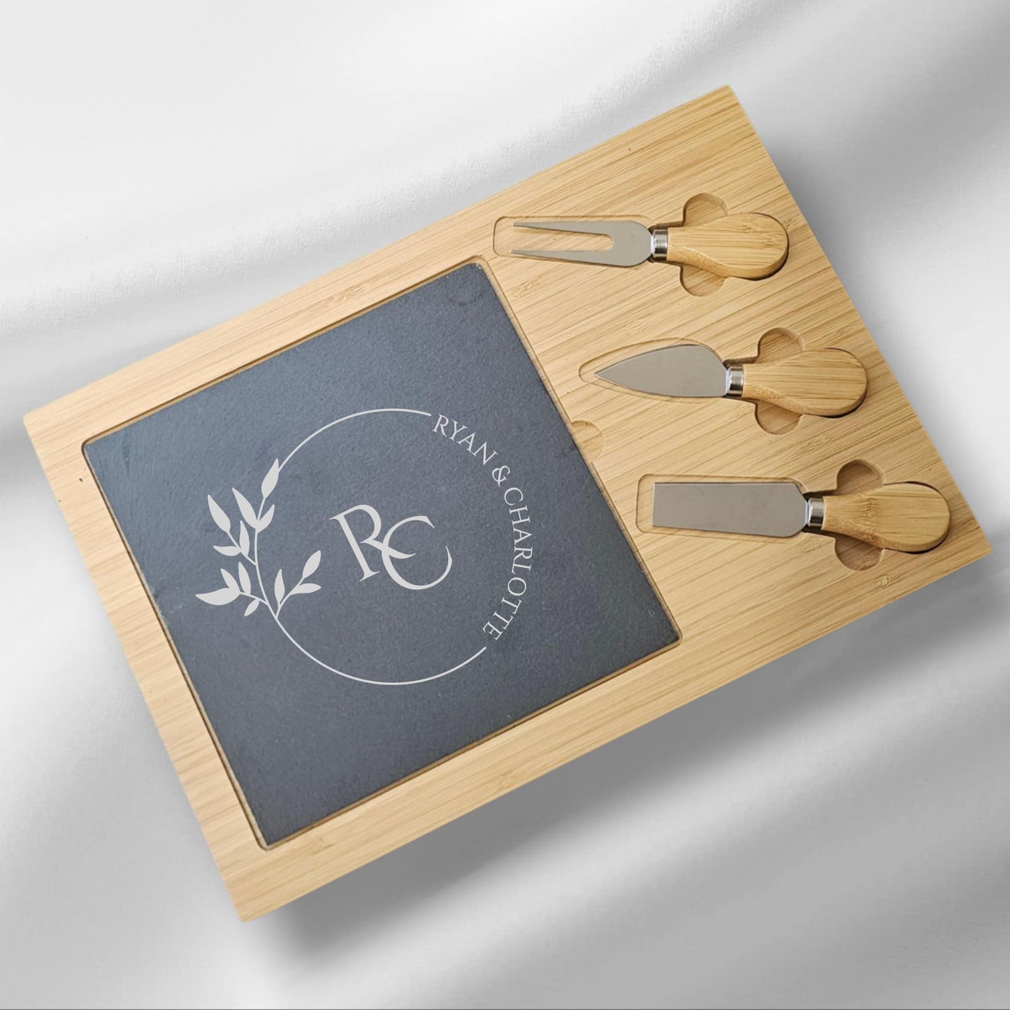Personalised Monogram Cheeseboard Set – Bamboo & Slate Engraved with Couple Names