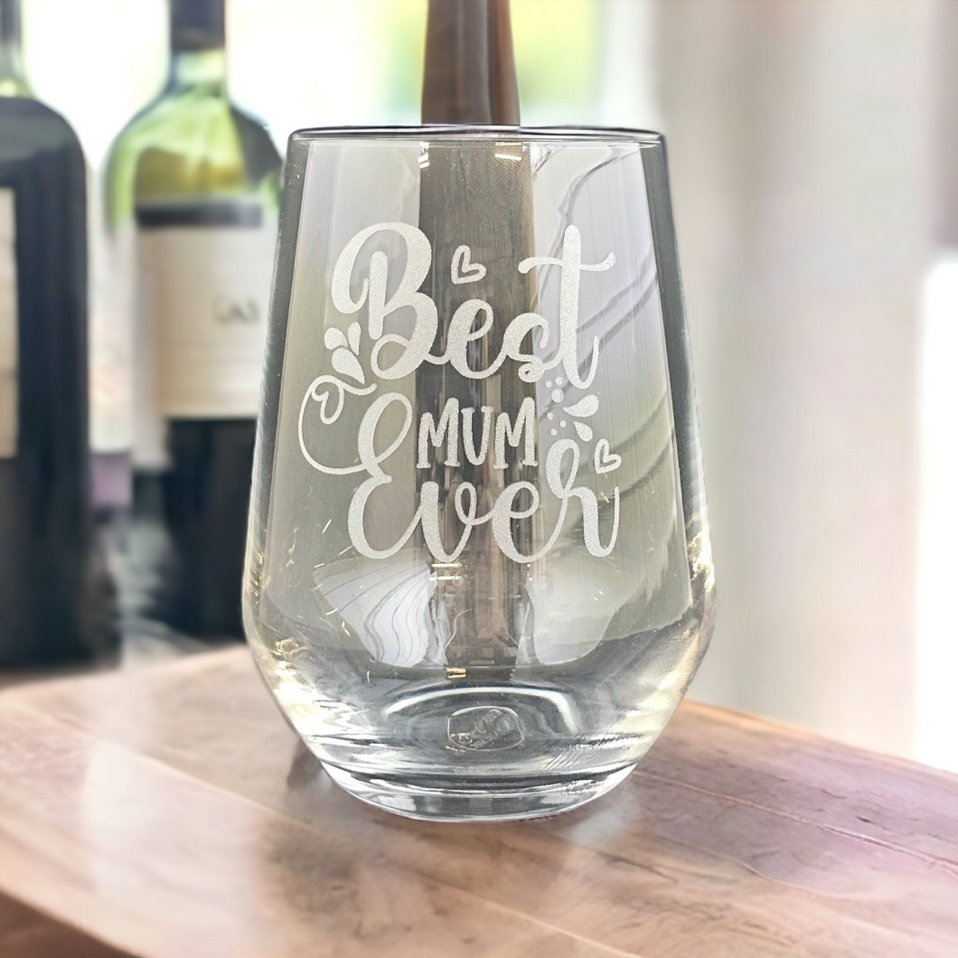 Best Mum Ever - Laser Engraved Stemless Wine Glass with Gift Box