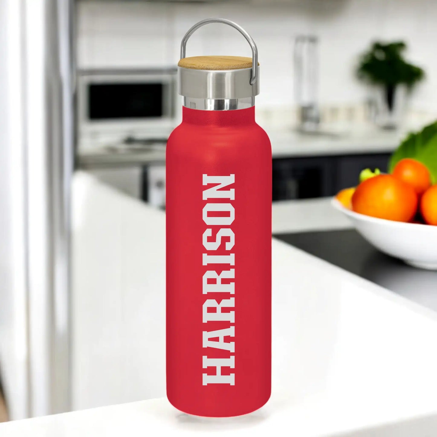 Engraved Personalised Drink Bottle with Handle – Collegiate Style Font (Font G)