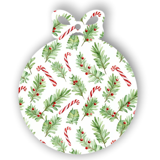 3.6" x 3" Acrylic Bow Bauble with Candy Cane and Red Berry Foliage Print | UV Printed | 3mm Thick
