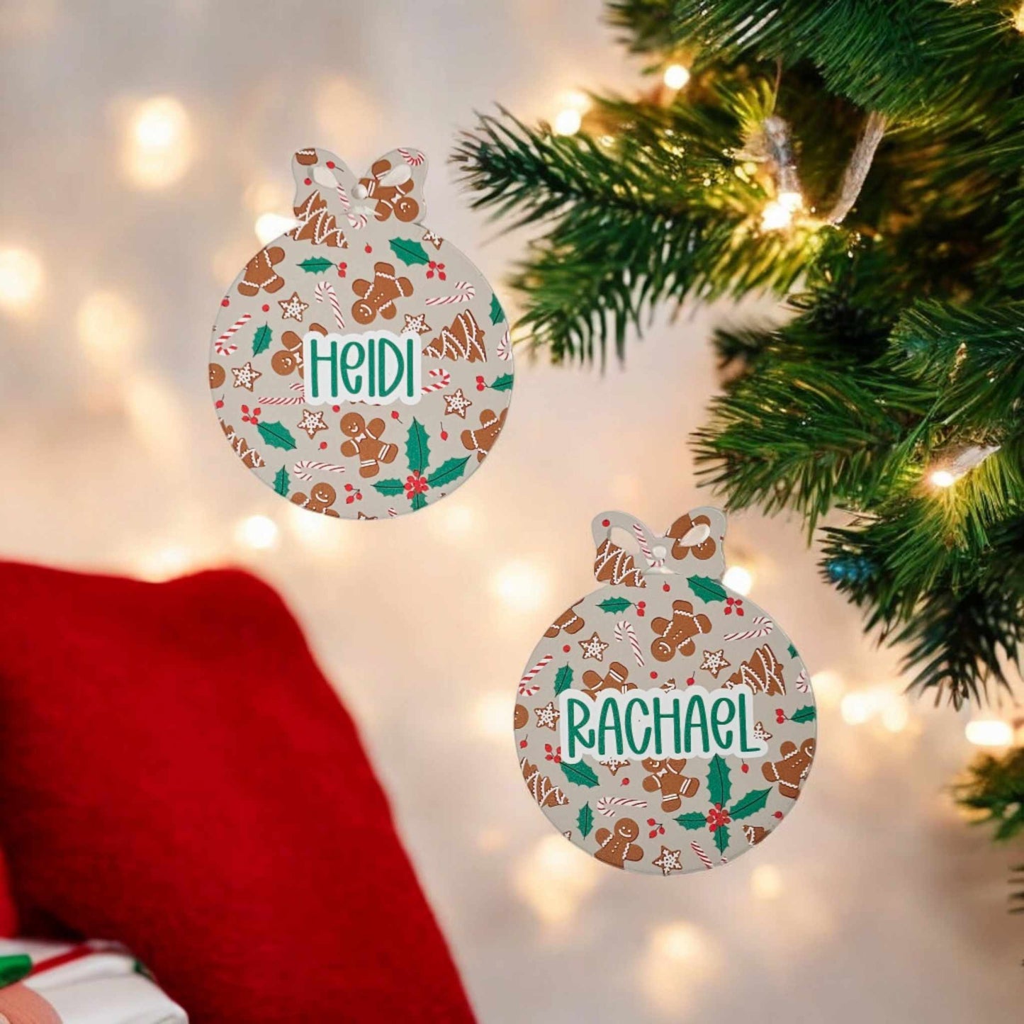 3.6" x 3" Acrylic Bow Bauble with Gingerbread and Holly Leaf Print | UV Printed | 3mm Thick