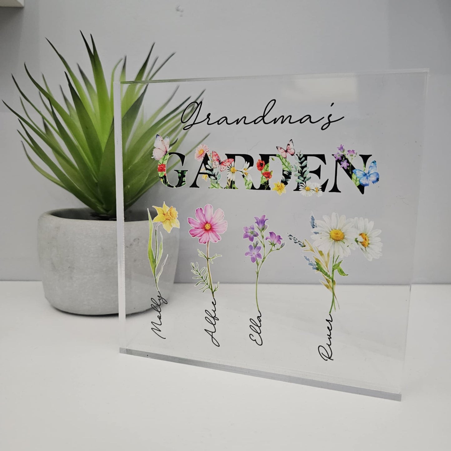 Grandma’s Garden Birth Flower Acrylic Block – Personalised Gift with Children’s Names