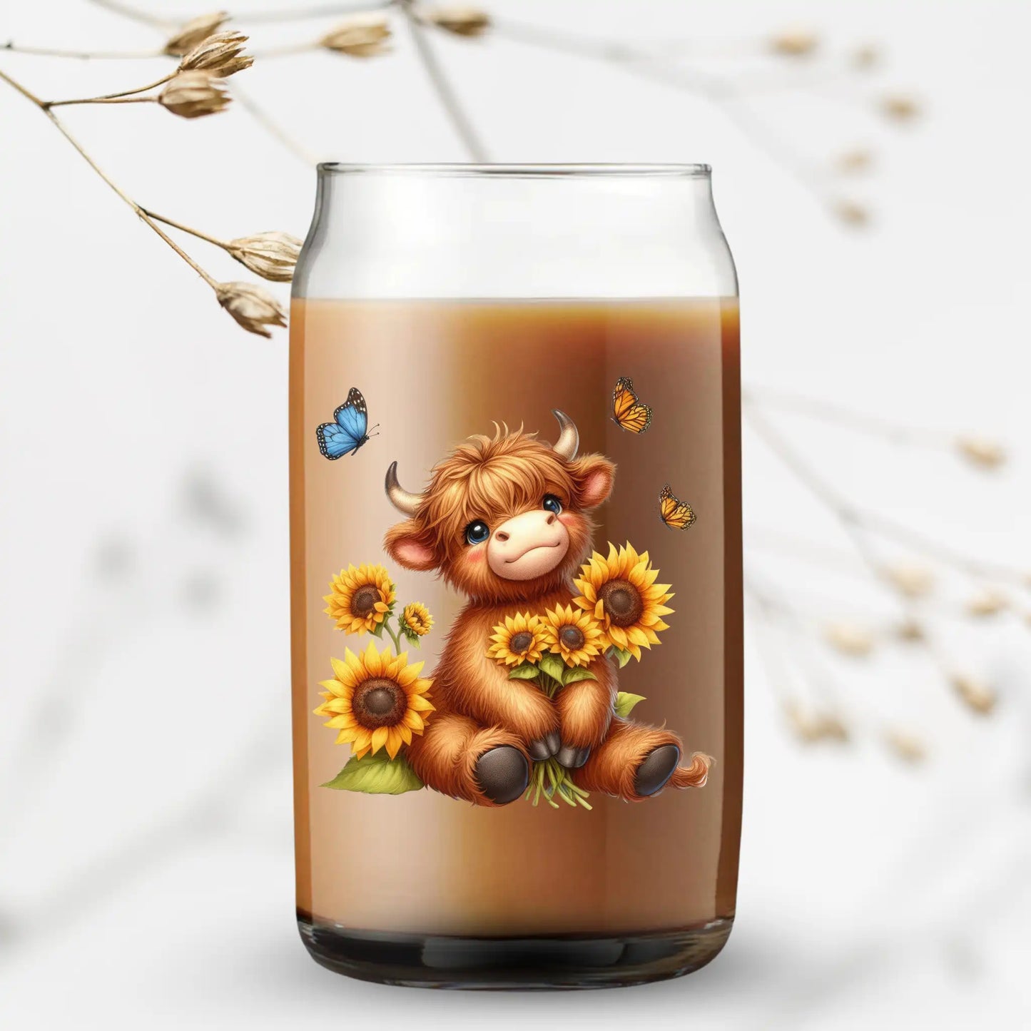 UV Printed Can Glass - Highland Cow with Sunflowers