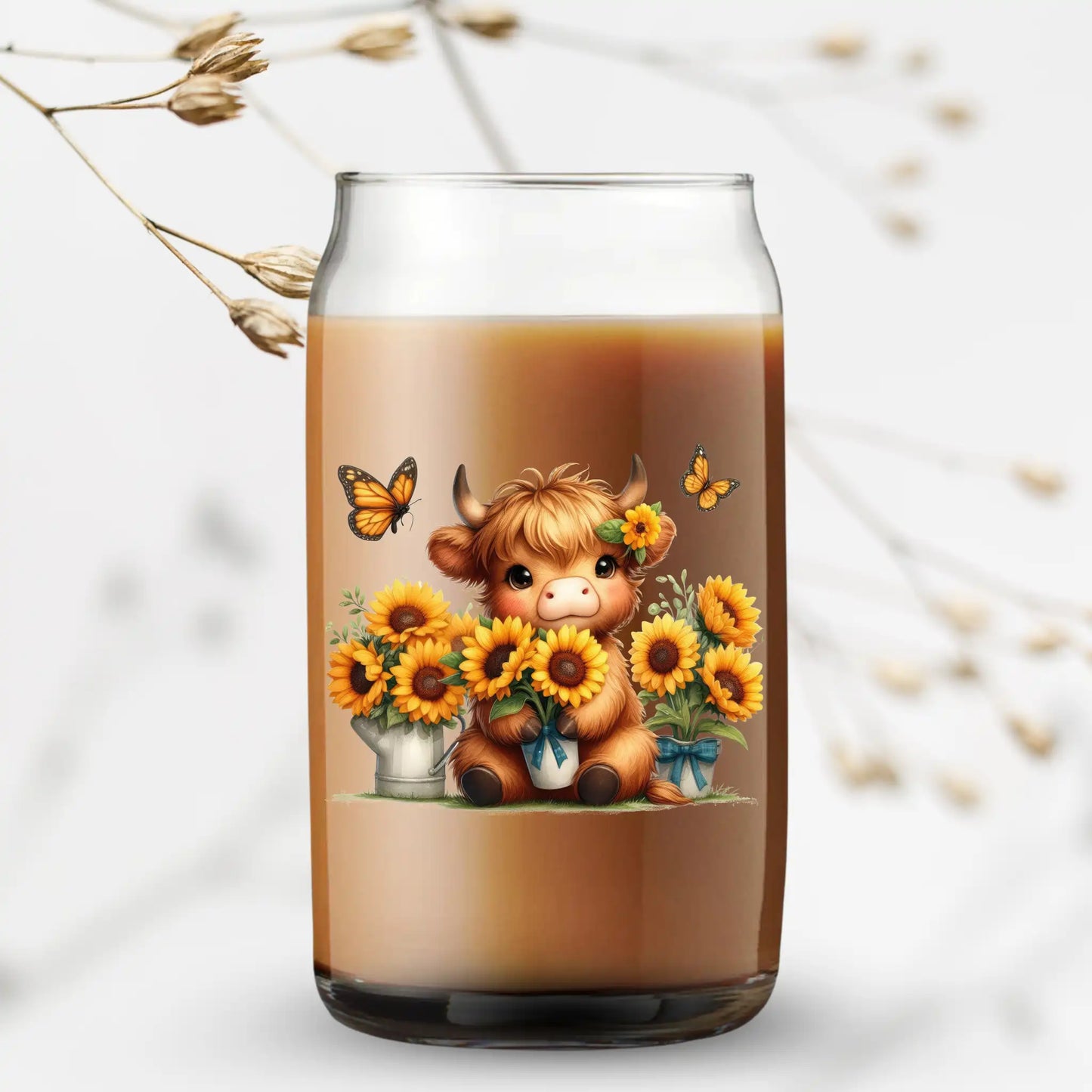 UV Printed Can Glass - Highland Cow with Sunflowers