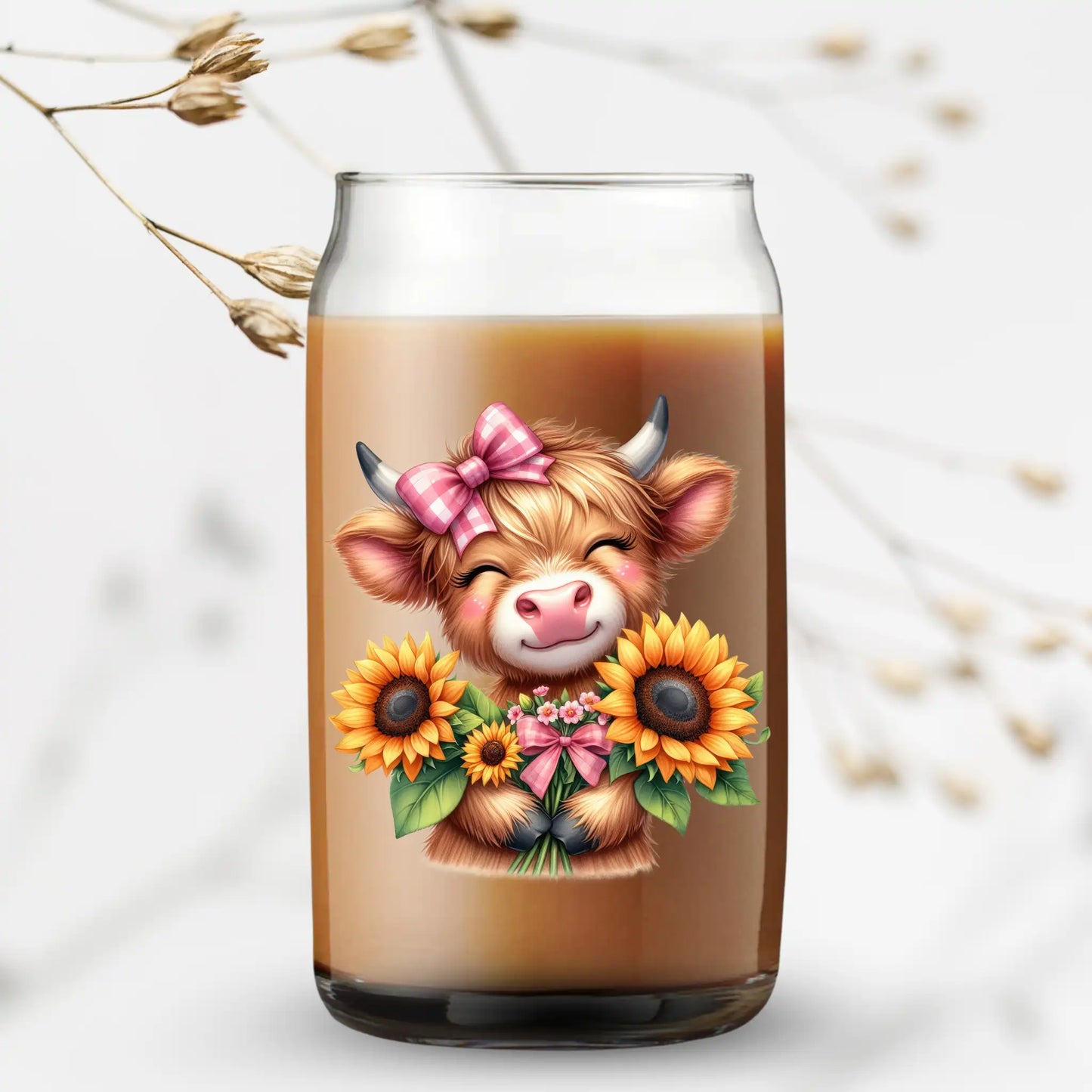 UV Printed Can Glass - Highland Cow with Sunflowers