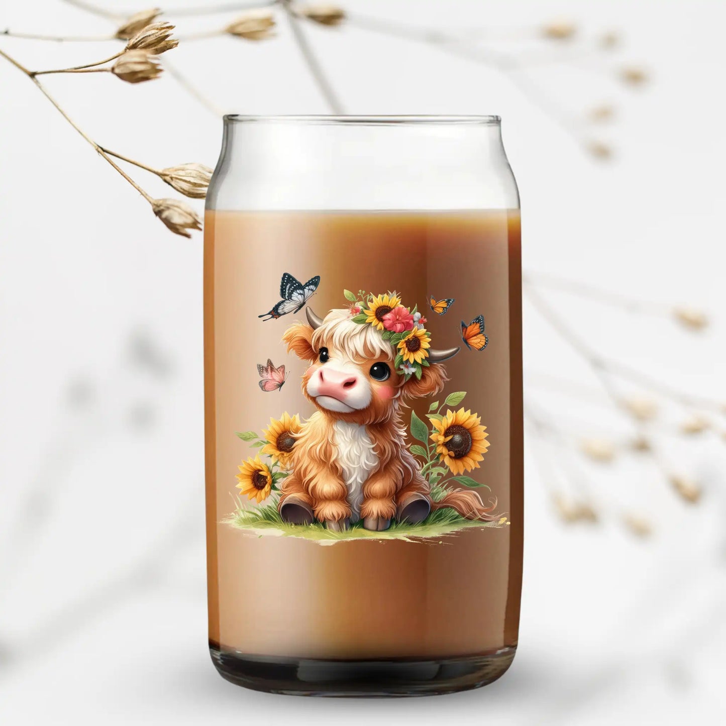 UV Printed Can Glass - Highland Cow with Sunflowers