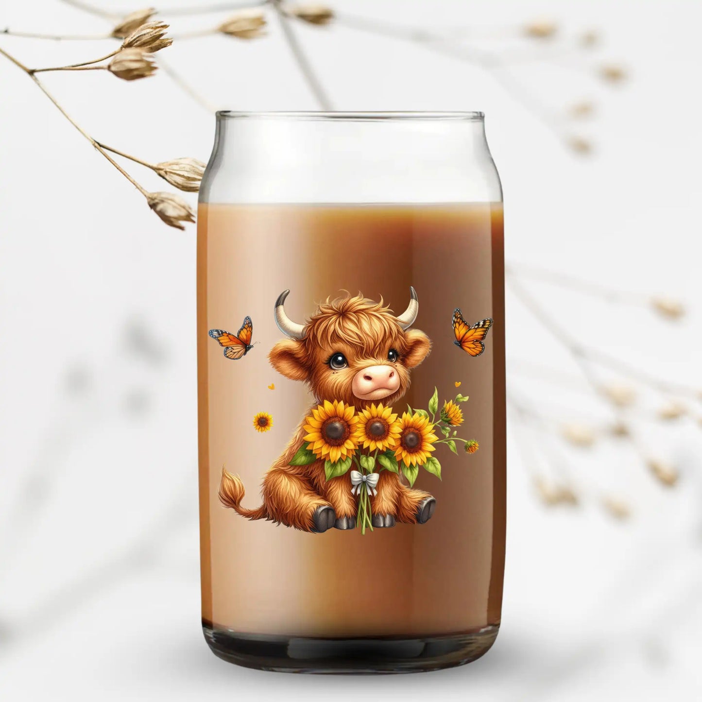 UV Printed Can Glass - Highland Cow with Sunflowers