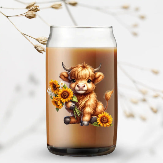UV Printed Can Glass - Highland Cow with Sunflowers