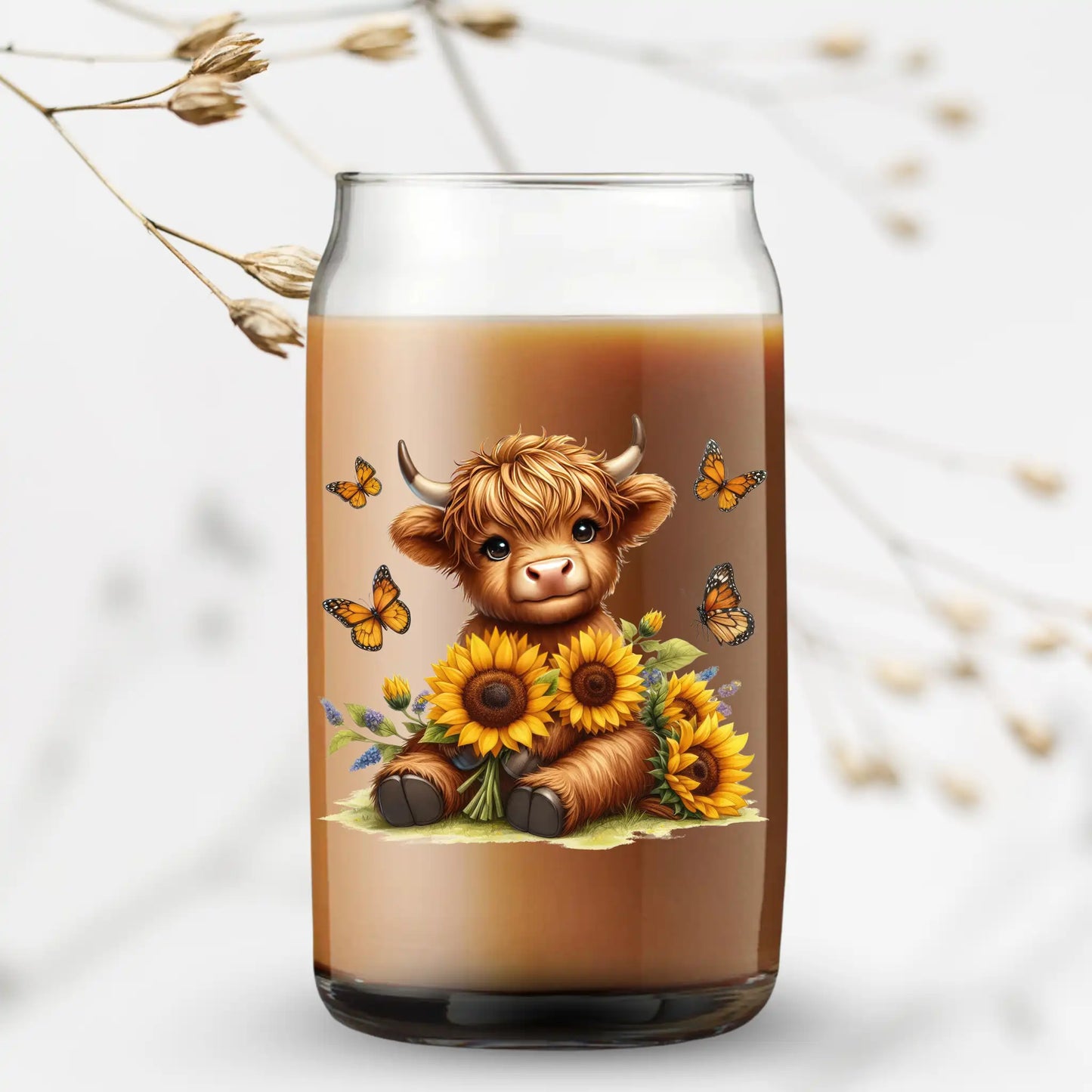 UV Printed Can Glass - Highland Cow with Sunflowers
