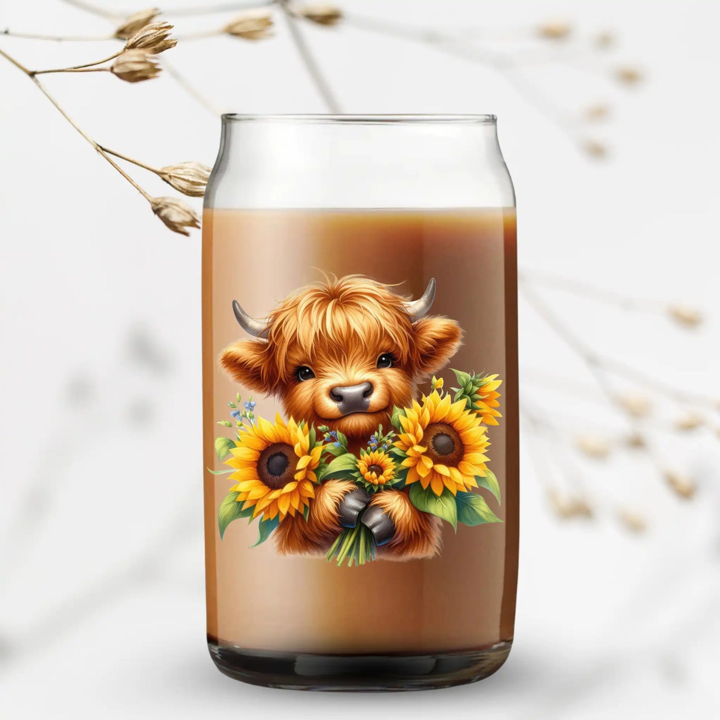 UV Printed Can Glass - Highland Cow with Sunflowers