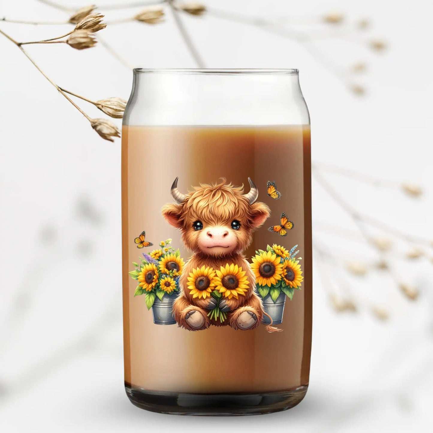 UV Printed Can Glass - Highland Cow with Sunflowers