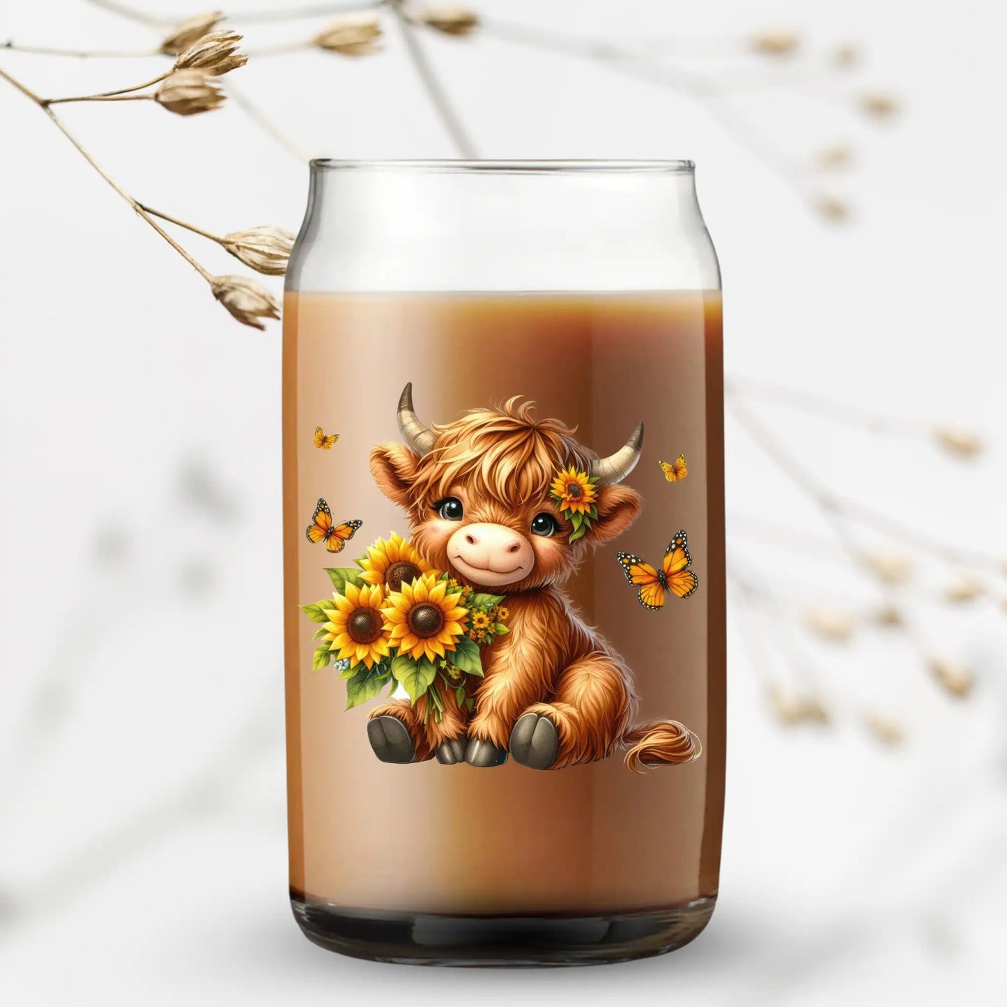 UV Printed Can Glass - Highland Cow with Sunflowers