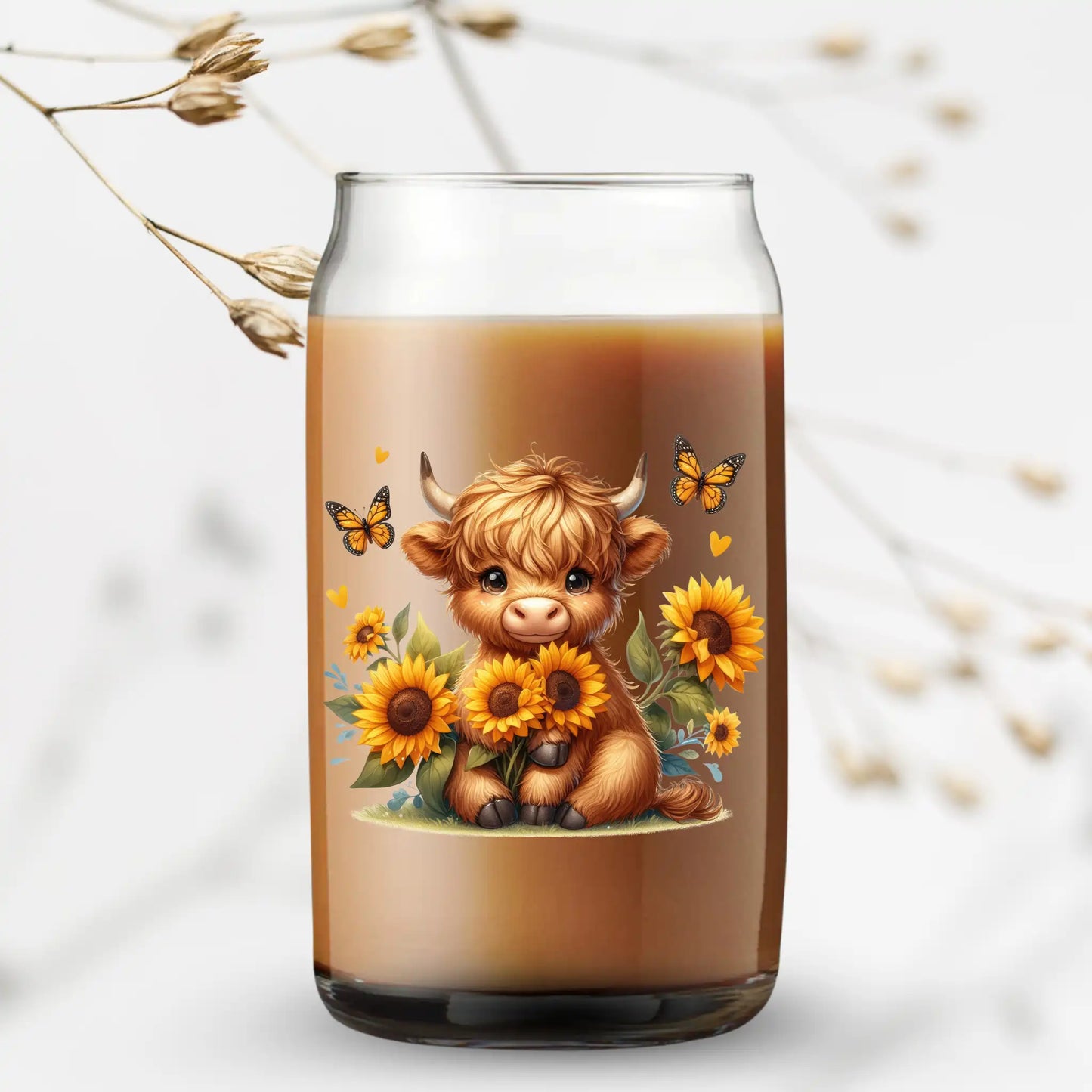 UV Printed Can Glass - Highland Cow with Sunflowers