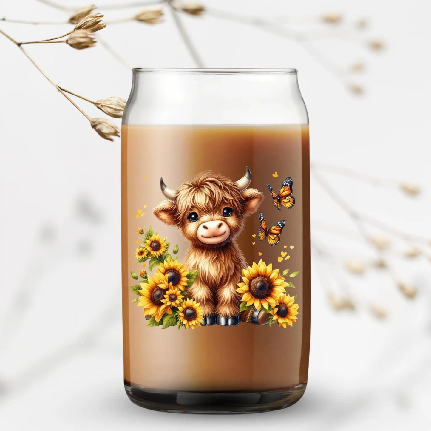 UV Printed Can Glass - Highland Cow with Sunflowers