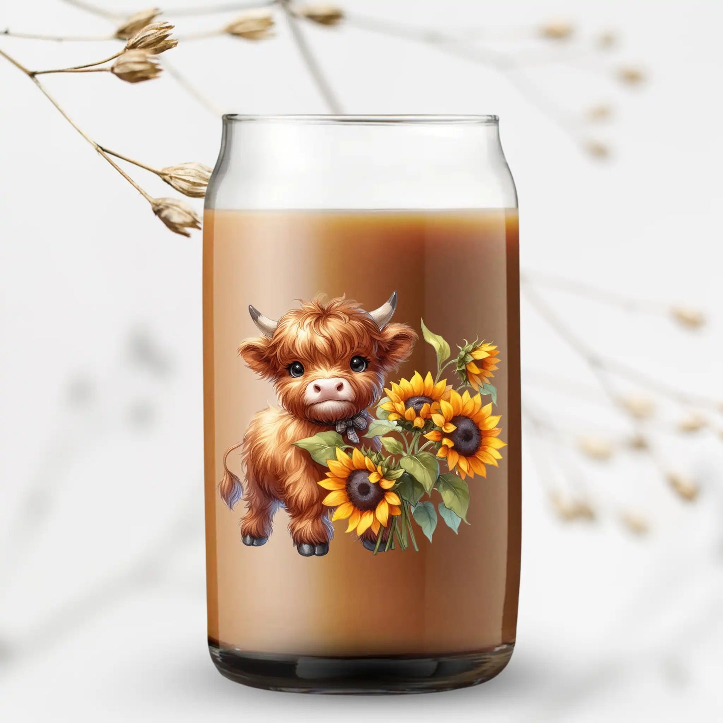 UV Printed Can Glass - Highland Cow with Sunflowers