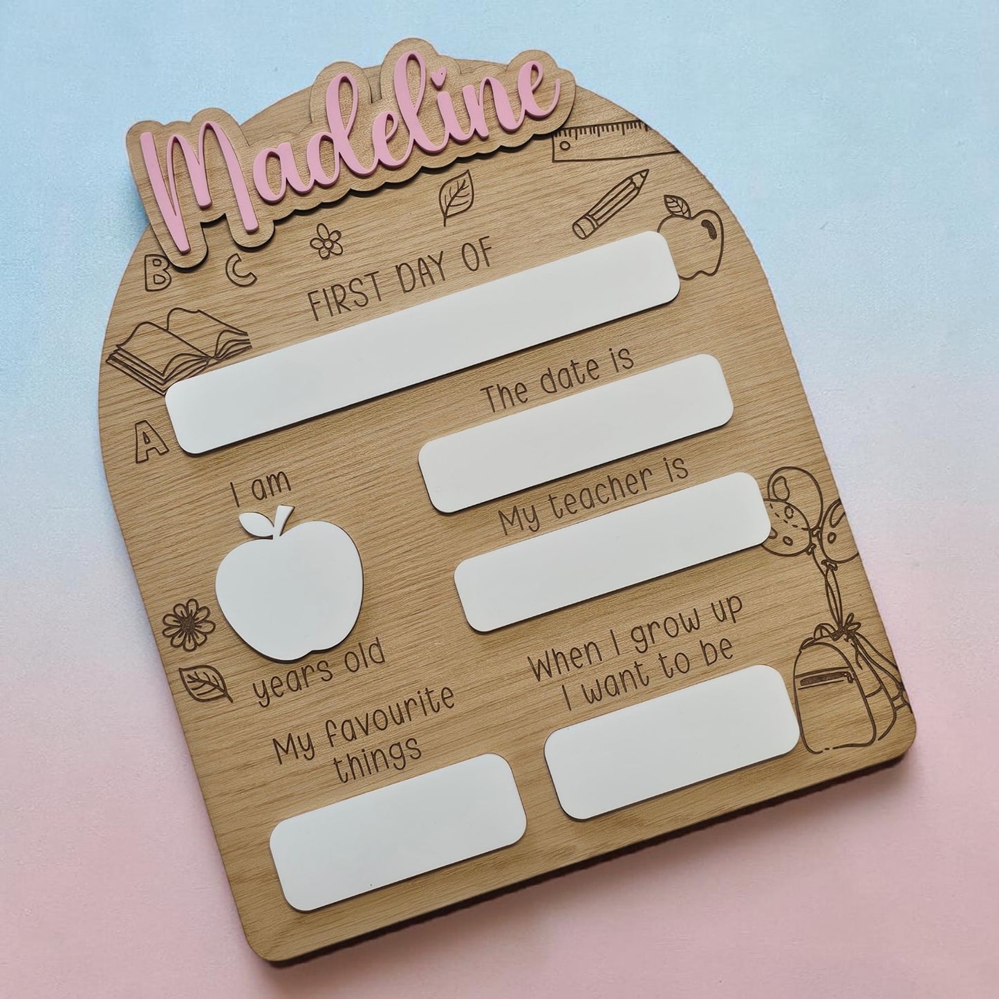 Personalised First Day of School Board NZ – Reusable Wooden & Acrylic Milestone Sign
