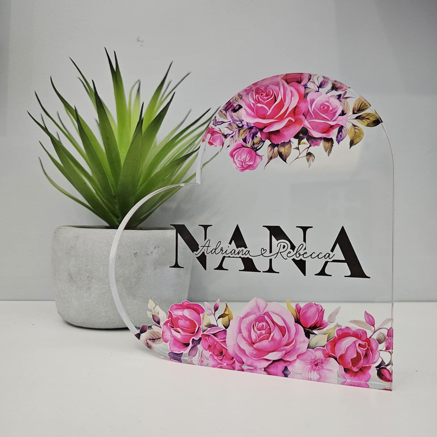 Personalised Free Standing Acrylic Heart – Floral Rose Design for Mum, Nana, Grandma & More