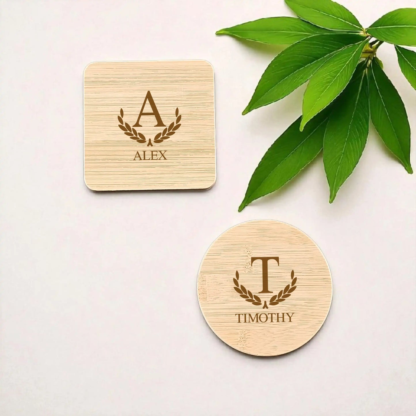 Personalised Laurel Monogram Bamboo Coaster with Bottle Opener | Engraved Gift