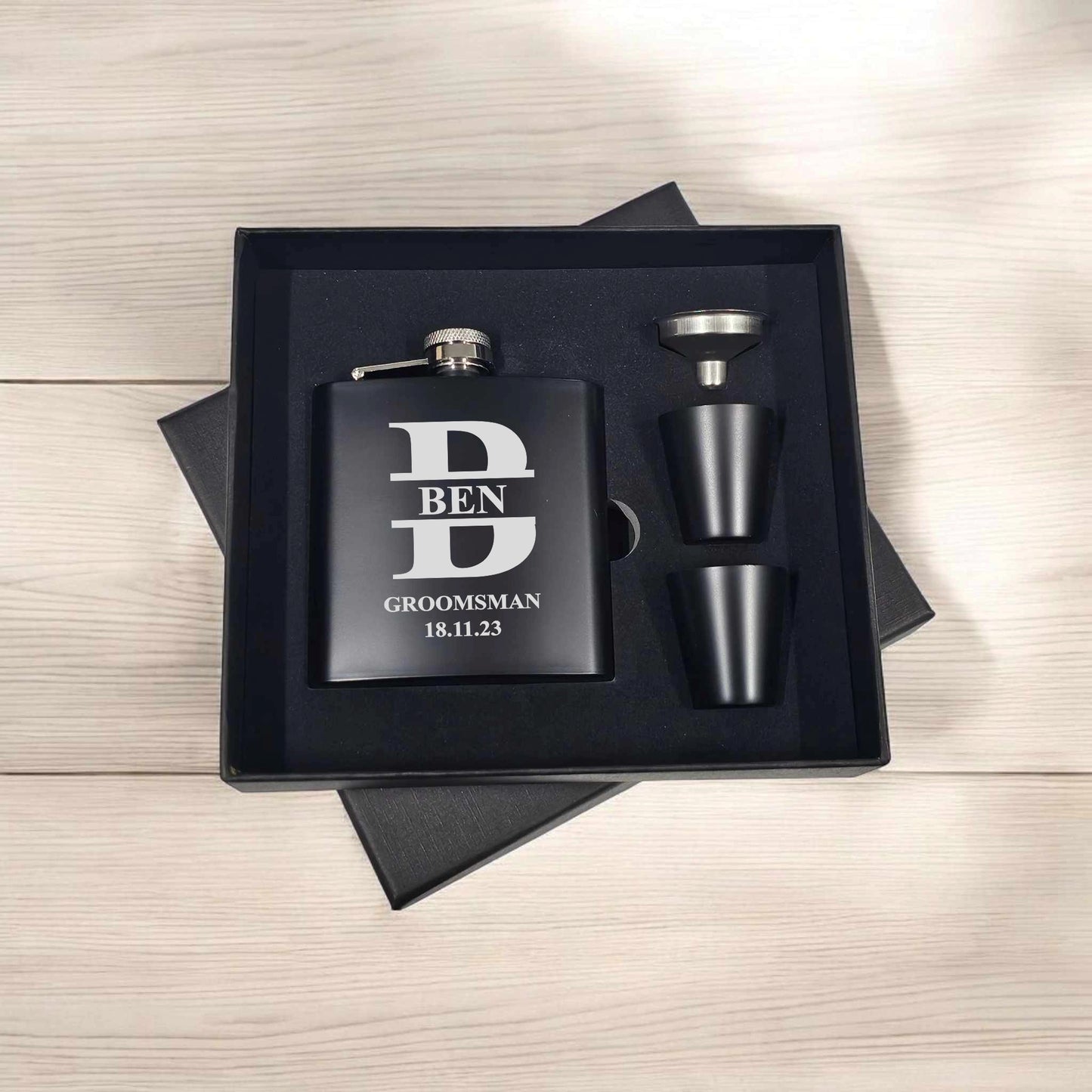 Split Monogram Personalised Hip Flask Gift Set