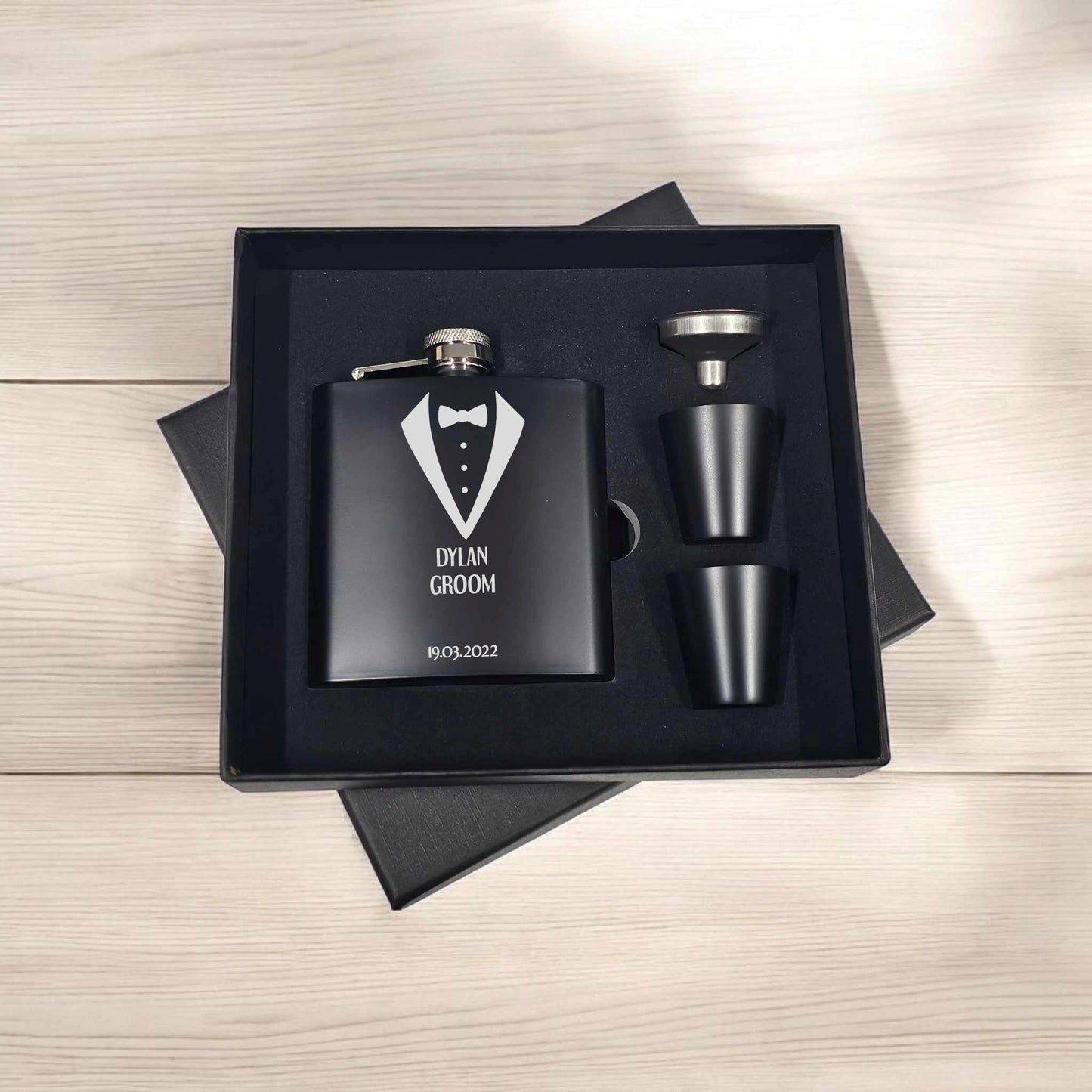 Suit Themed Personalised Hip Flask Gift Box Set