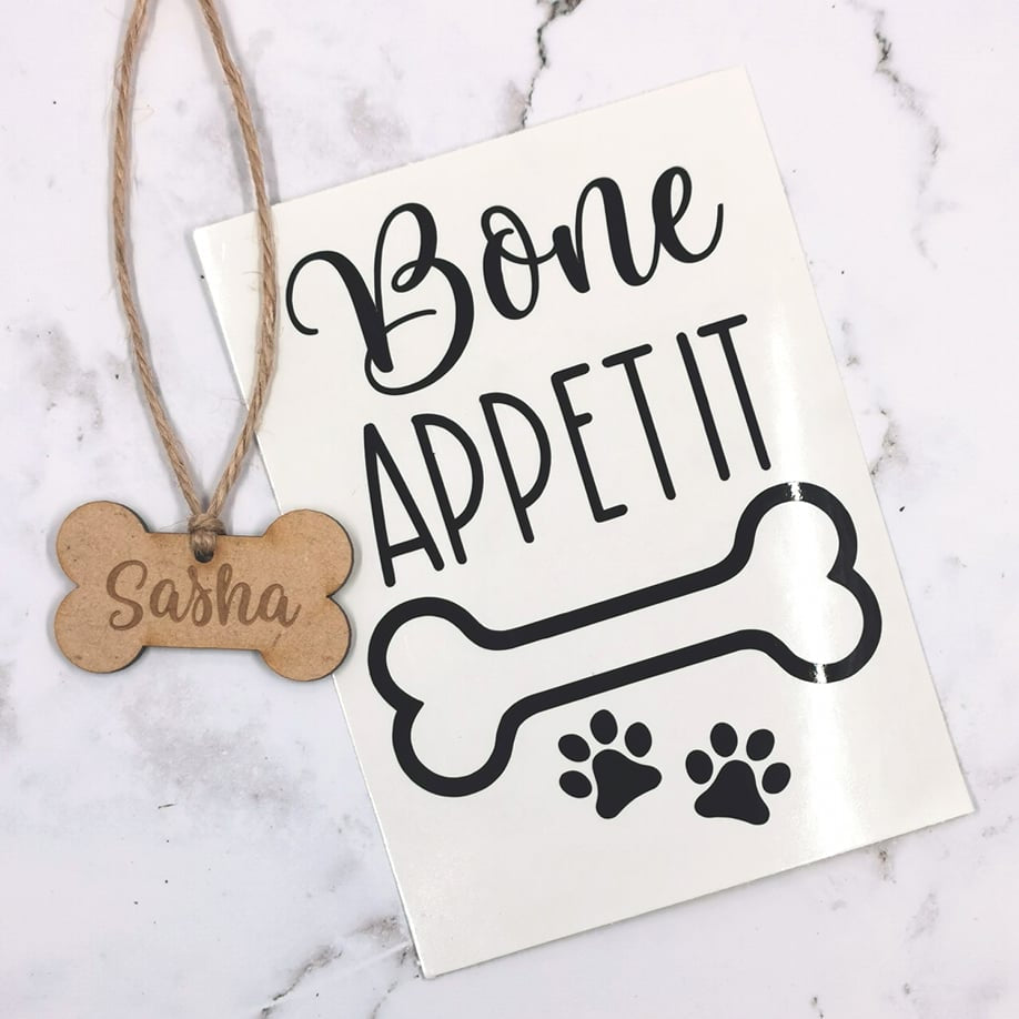 "Bone Appetit" Decal + Name Tag for Dog Treat Jar