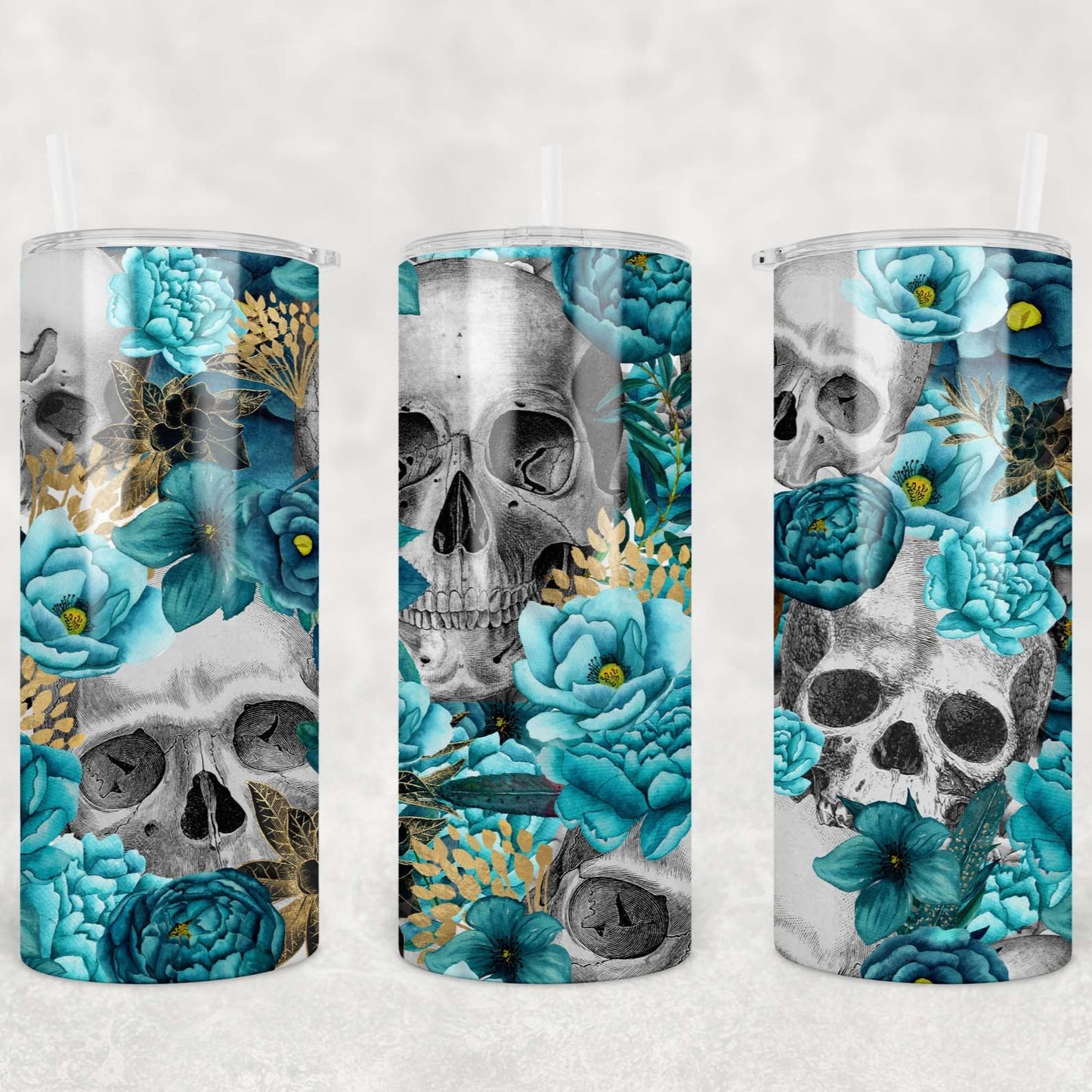 Floral Skull Blue Teal Tumbler 15oz (443mls)