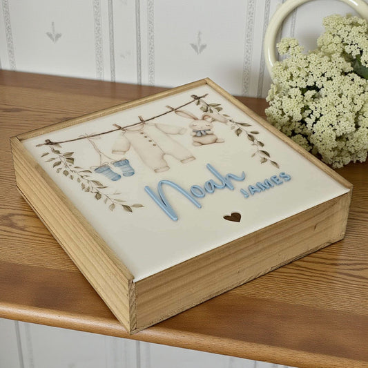 Personalised Rustic Baby Keepsake Box - Blue Themed