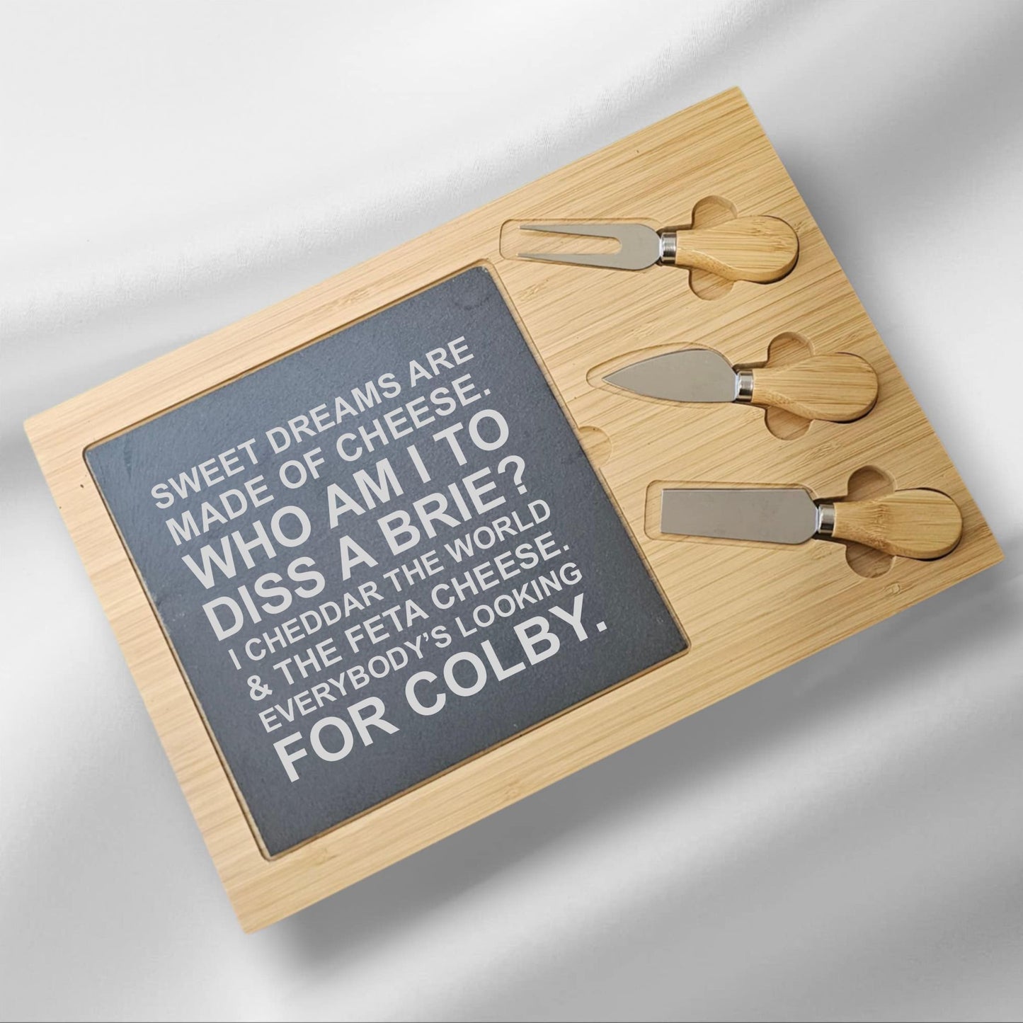 Funny Engraved Bamboo & Slate Cheeseboard Set – “Everybody’s Looking for Colby”