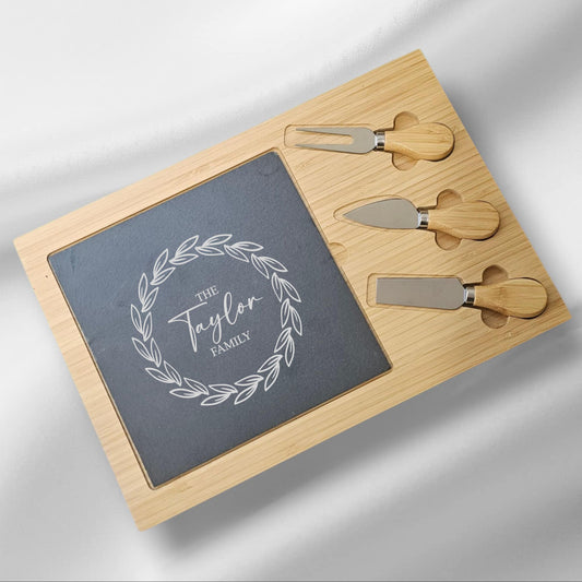 Personalised Bamboo & Slate Cheeseboard Set with Knives – Custom Family Name with Leafy Wreath| Engraved Gift NZ