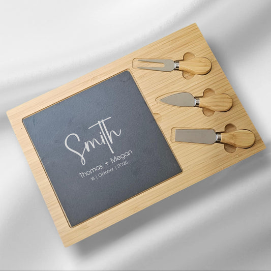 Personalised Cheeseboard Set with Names & Wedding Date – Bamboo & Slate Engraved Cheese Board with Knives