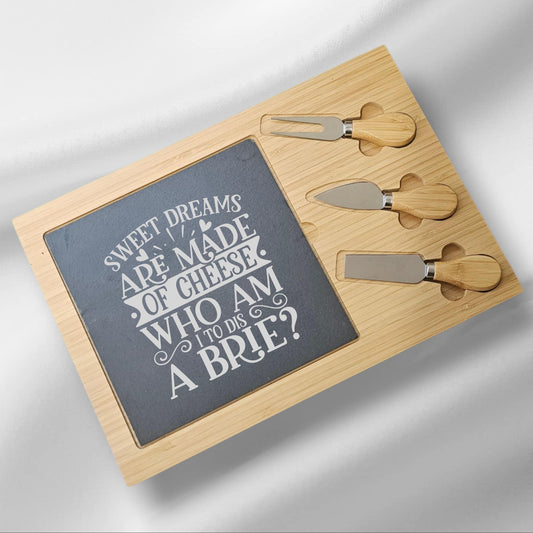 Funny Engraved Bamboo & Slate Cheeseboard Set with Knives – “Sweet Dreams Are Made of Cheese” Quote