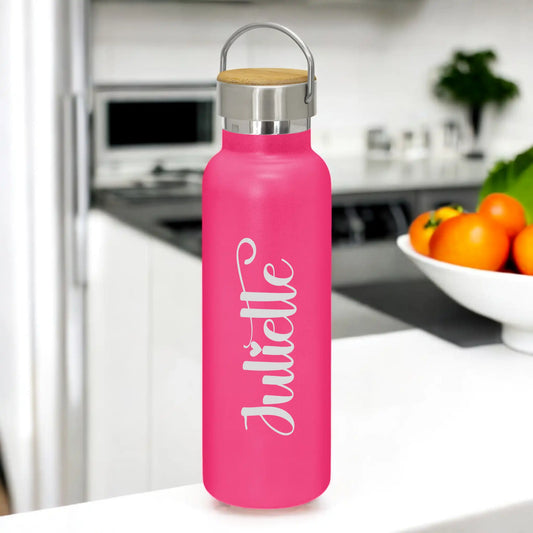 Engraved Personalised Drink Bottle with Handle – Whimsical Decorative Font (Font C)