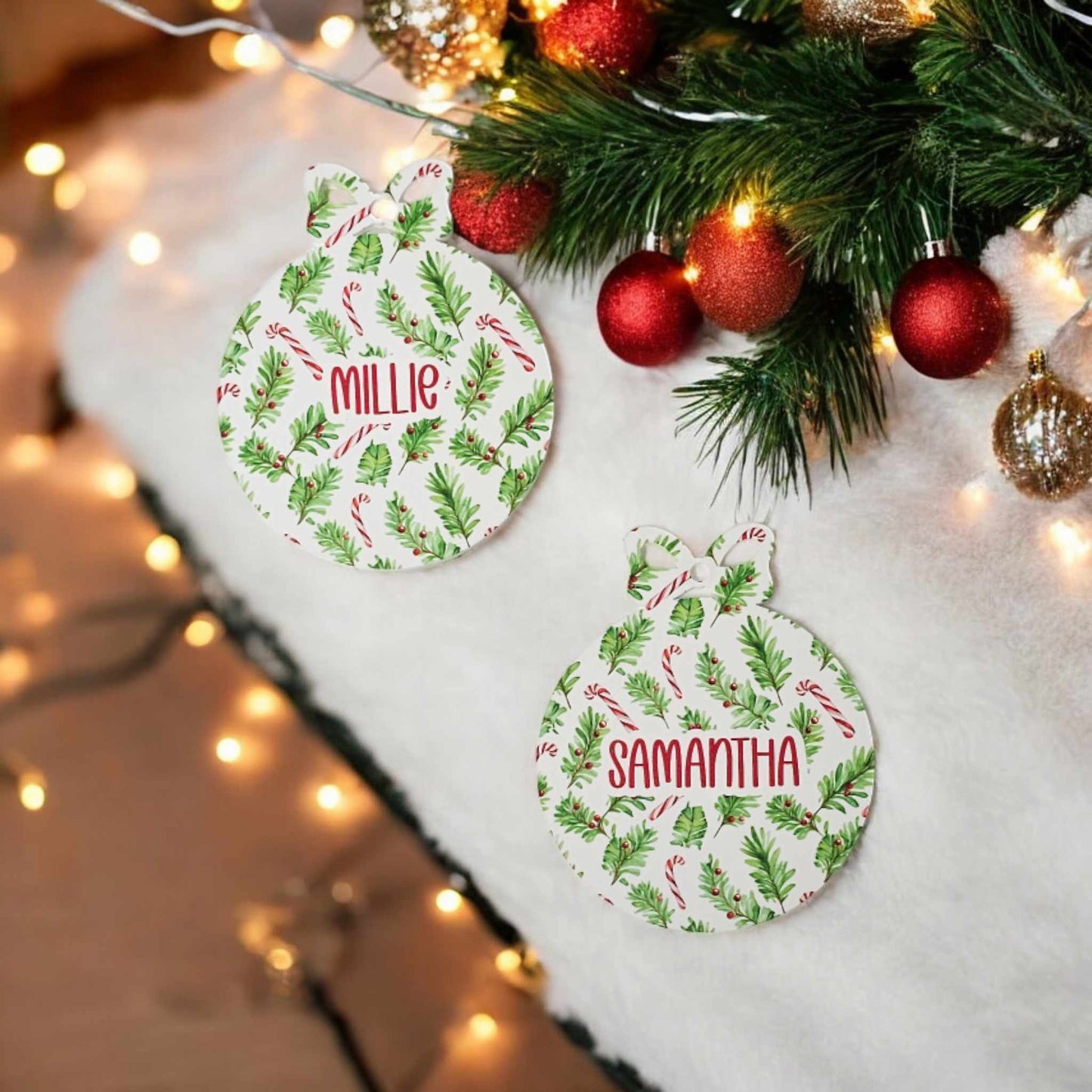 3.6" x 3" Acrylic Bow Bauble with Candy Cane and Red Berry Foliage Print | UV Printed | 3mm Thick