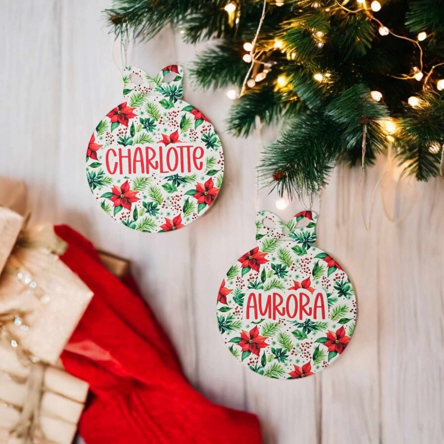 3.6" x 3" Acrylic Bow Bauble with Christmas Poinsettia  Print | UV Printed | 3mm Thick