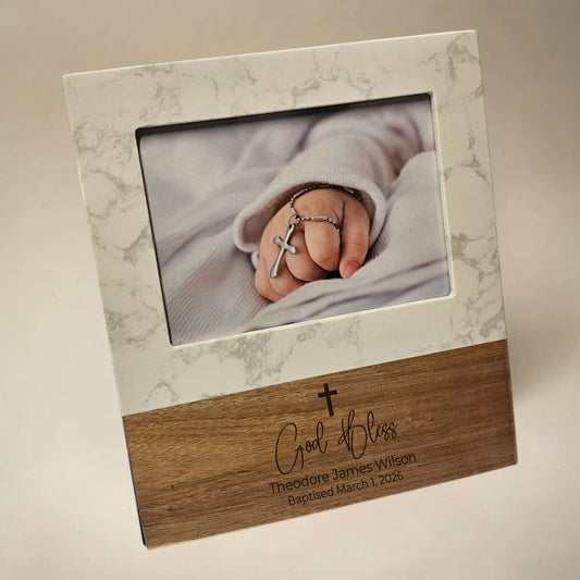 Personalised Christening Photo Frame – Marble & Wood Engraved Baptism Frame with Name & Date