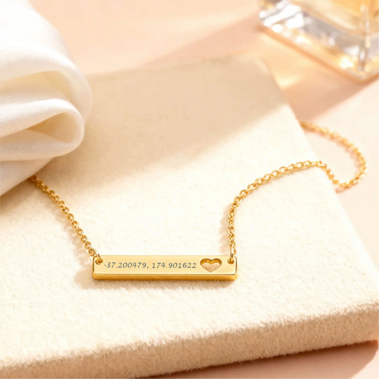 Engraved Coordinates Heart Bar Necklace