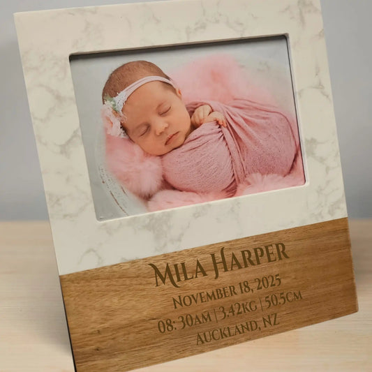 Personalised Baby Birth Photo Frame – Marble & Wood Engraved Frame with Name & Birth Stats (5x7”)