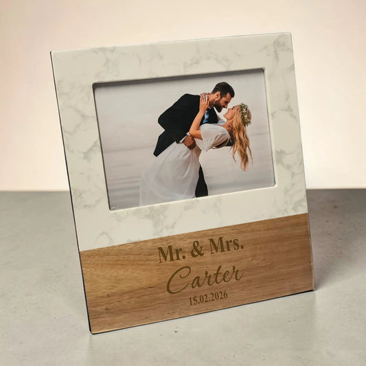 Personalised Wedding Photo Frame – Marble & Wood Engraved Frame with Names & Date (5x7”)
