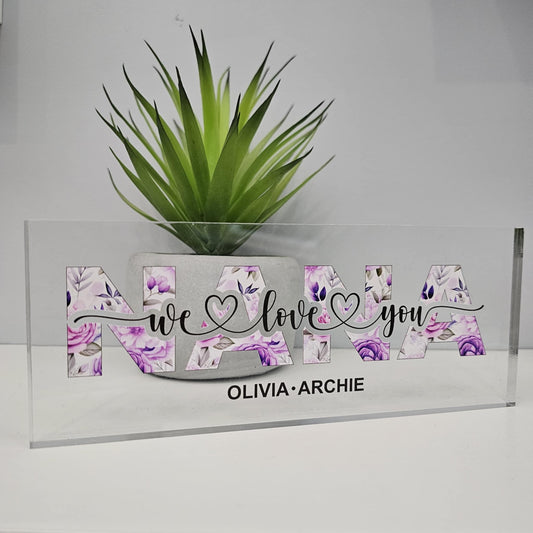 Personalised Floral Acrylic Block – Custom Gift for Mum, Nana, or Grandma