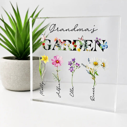 Grandma’s Garden Birth Flower Acrylic Block – Personalised Gift with Children’s Names