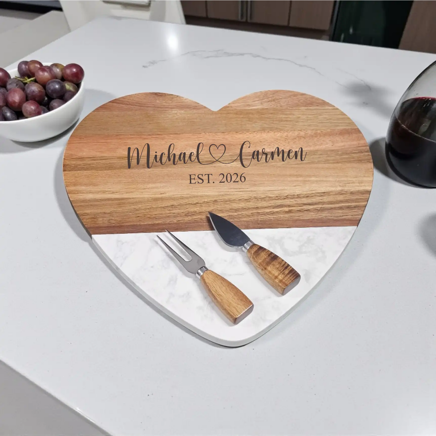 Personalised Heart Shaped Cheeseboard & Knife Set – Engraved Couple Names with Linked Heart & Established Date