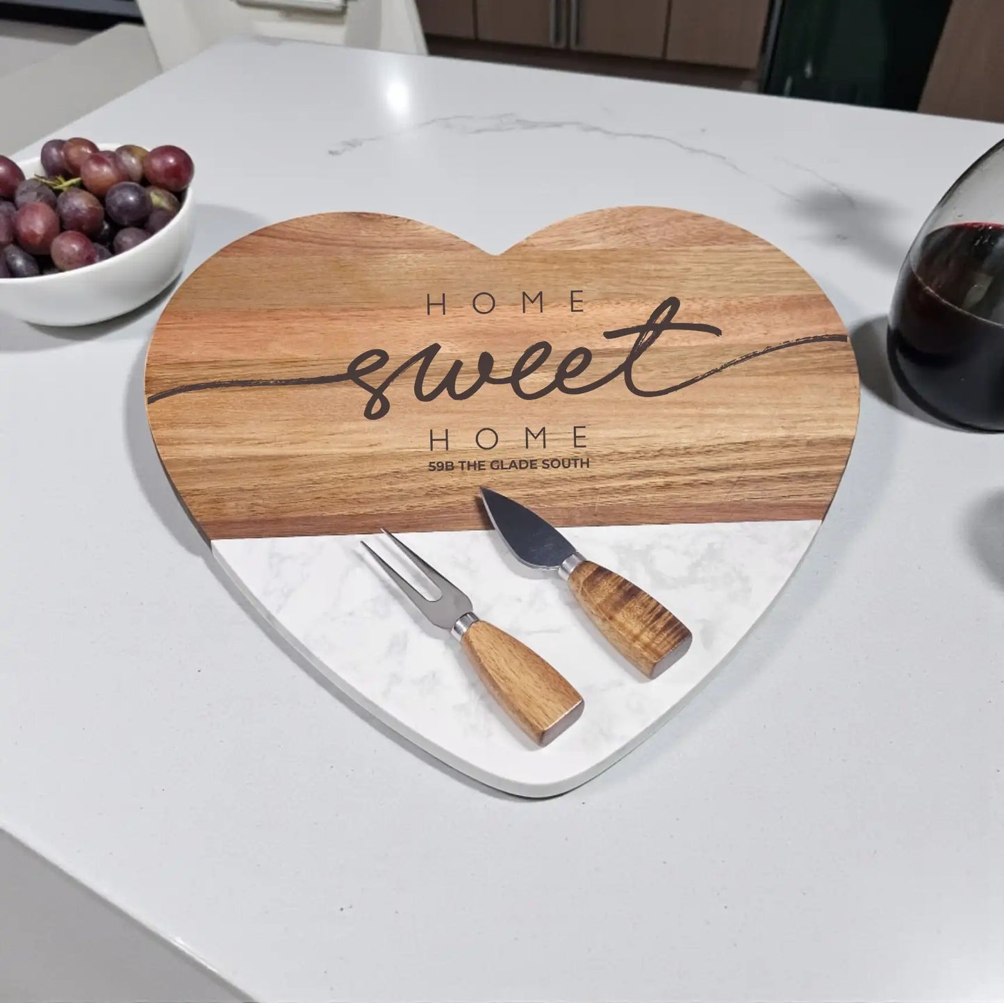 Home Sweet Home Heart Shaped Cheeseboard and Knife Set – with Optional Engraved Address