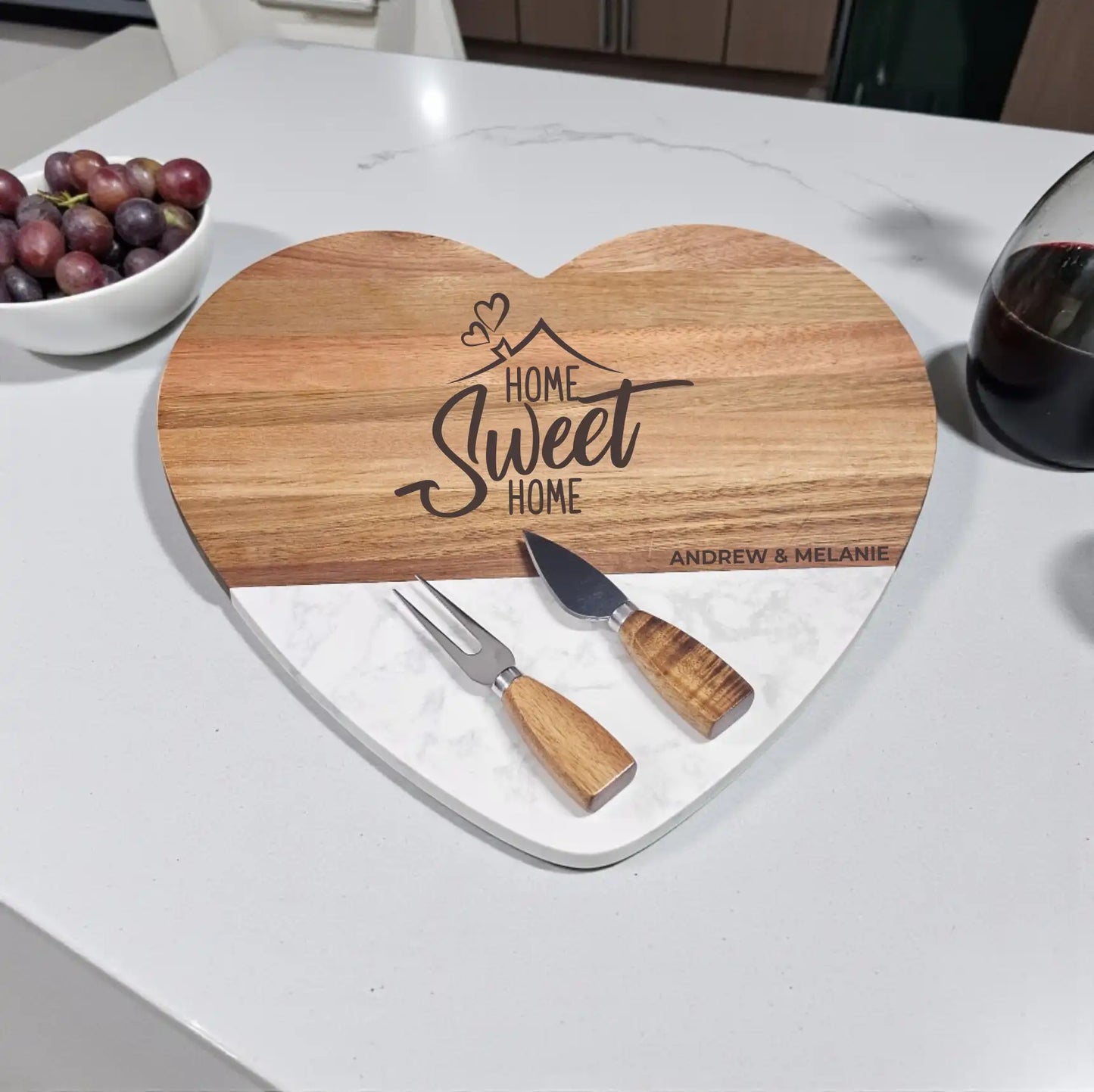 Personalised Home Sweet Home Heart Shaped Cheeseboard and Knife Set – Engraved with Names