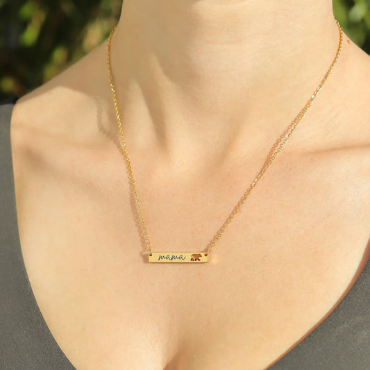 Mama Bear Engraved Bar Necklace – 18K Gold Stainless Steel