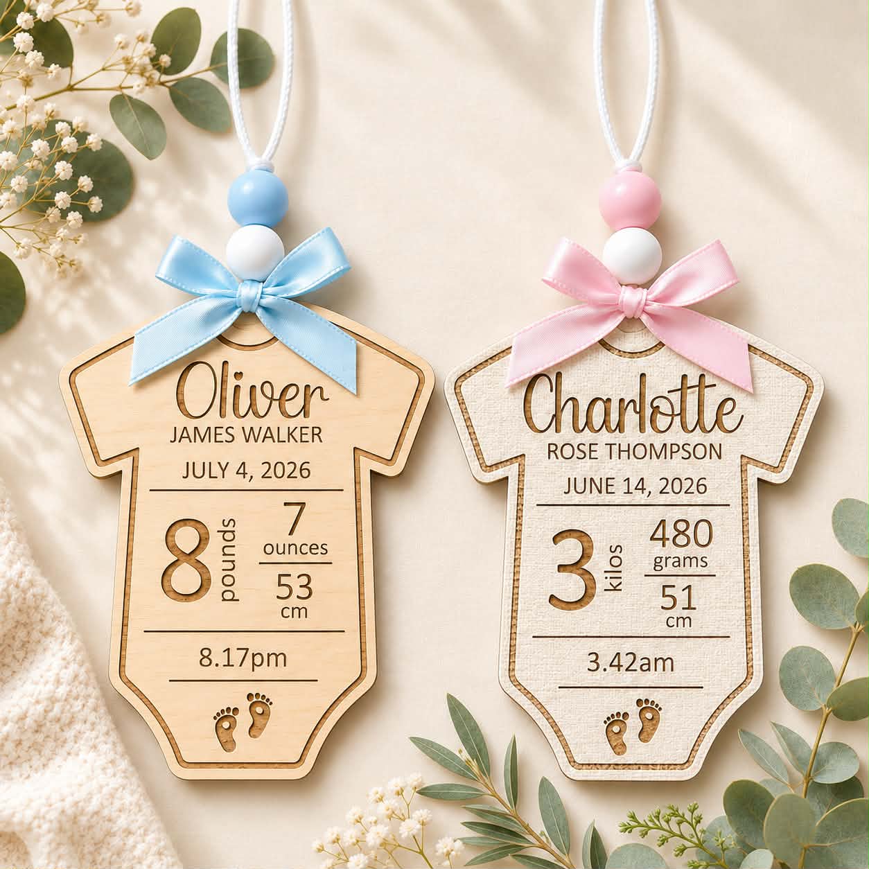 Personalised Baby Stat Ornament | Wood or Linen Look Birth Keepsake