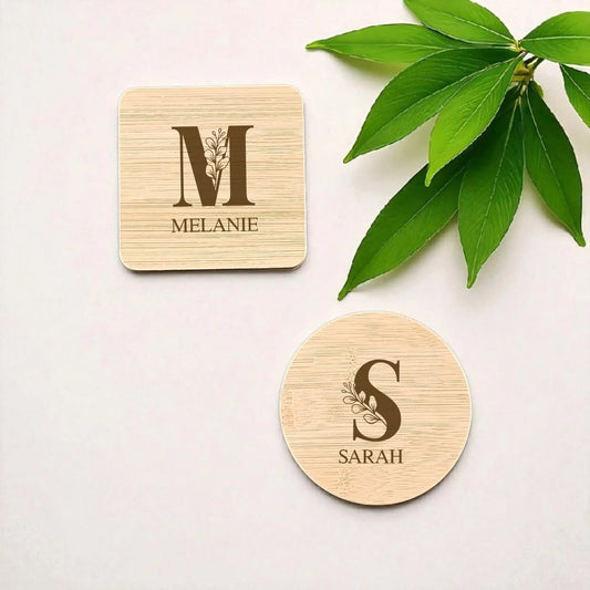 Personalised Bamboo Botanicals Monogram Coaster with Bottle Opener | Engraved Gift
