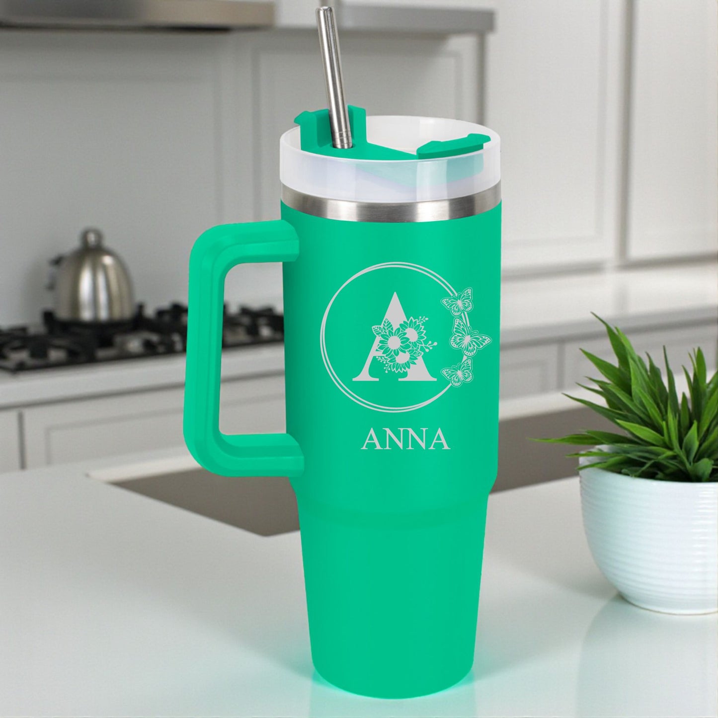 Personalised Engraved Floral Butterfly Monogram Dupe Tumbler