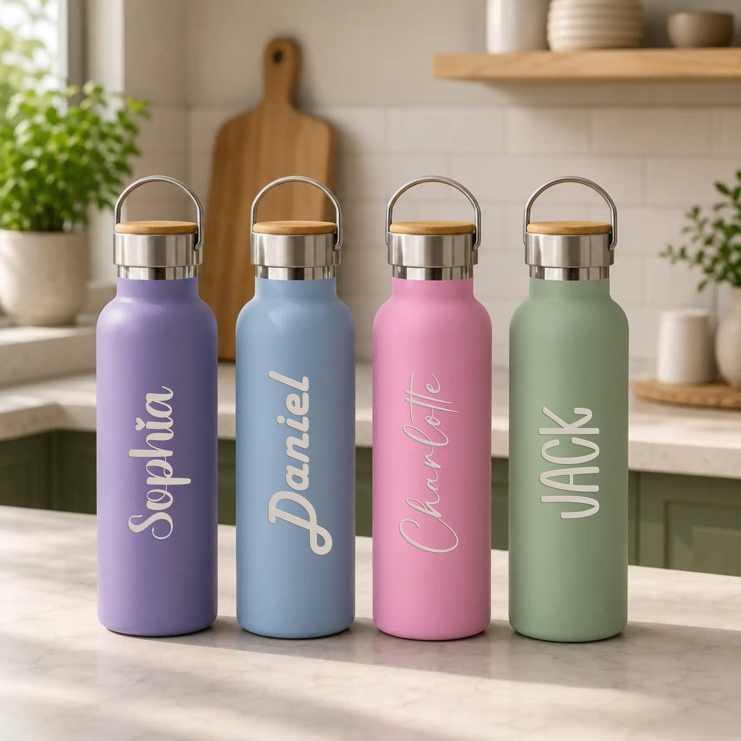 Personalised laser engraved 650ml drink bottle with handle, custom name, New Zealand