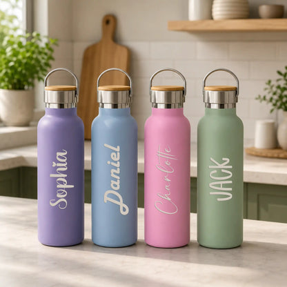 Personalised laser engraved 650ml drink bottle with handle, custom name, New Zealand