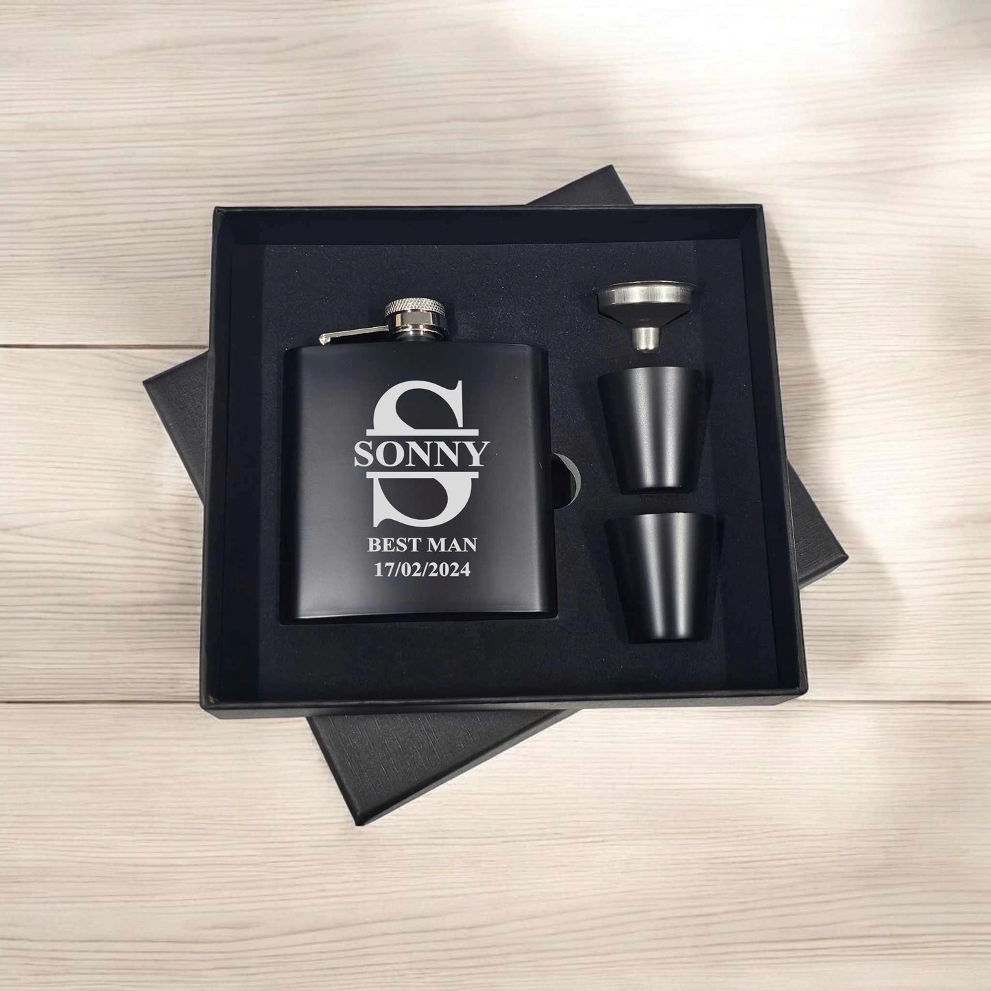 Split Monogram Personalised Hip Flask Gift Set
